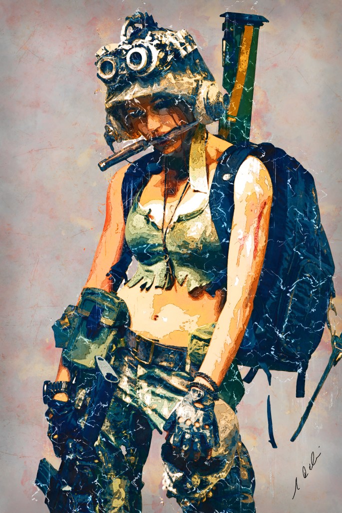 Beautiful girl in a helmet and with a gun in his hand