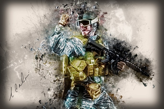 American Soldier shouting on dark background