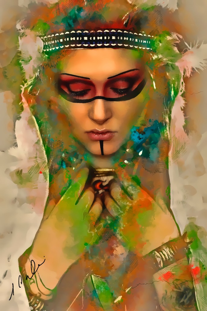 Beautiful woman in native american costume with roach on her hea