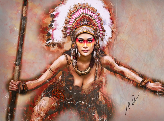 Indian woman hunter.Native American in the jungle.