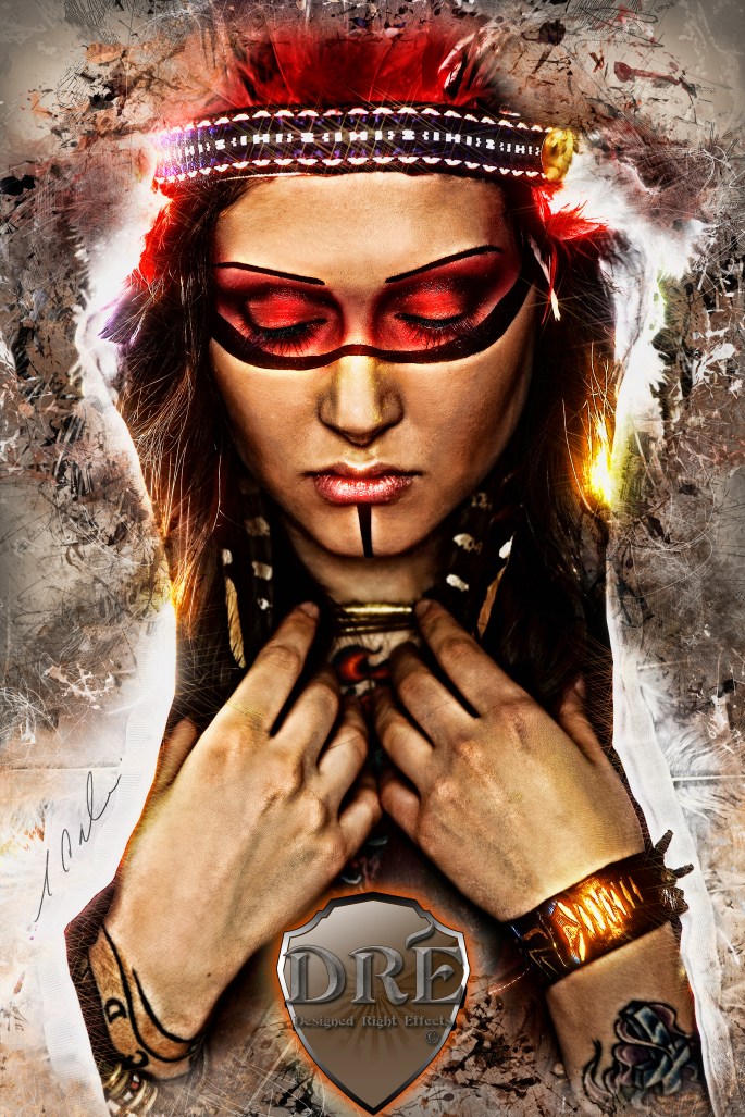 Beautiful woman in native american costume with roach on her hea