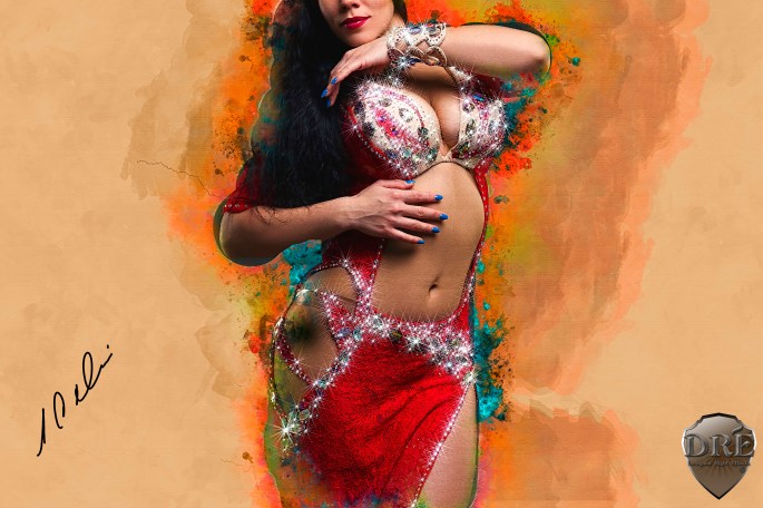 Exotic eastern women performs belly dance in ethnic red dress